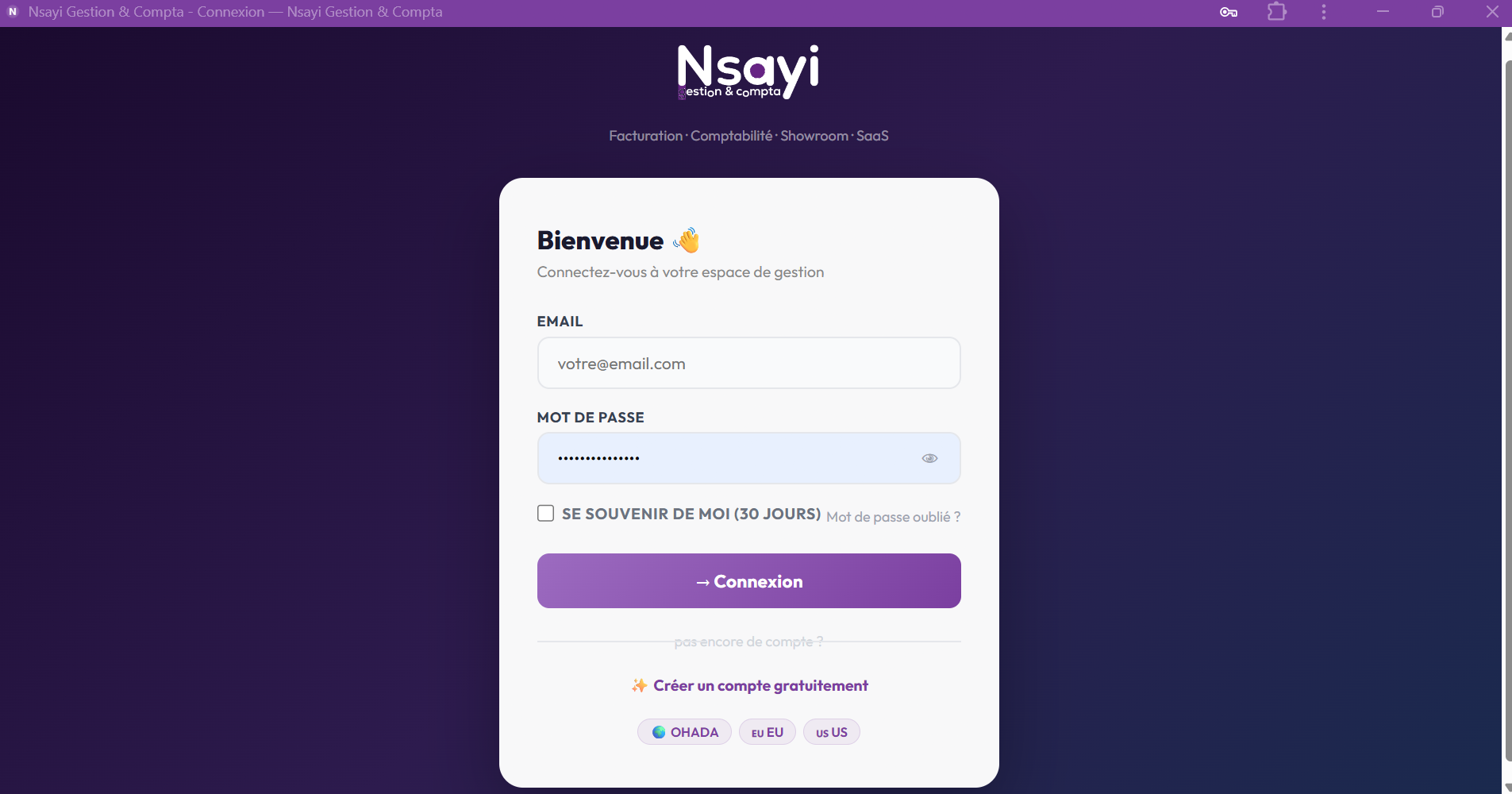 Écran de connexion Nsayi Gestion & Compta